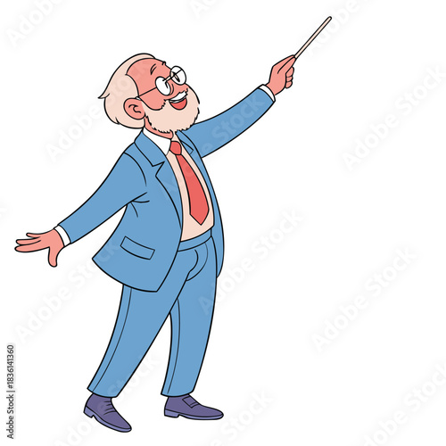 Animated karl marx in a blue suit points upwards with a stick