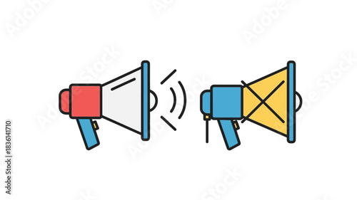 Colorful illustration depicting two loudspeakers and sound waves between them