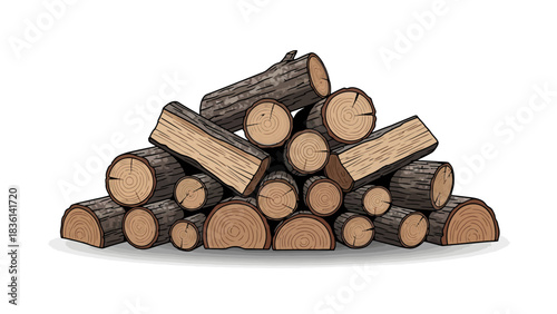 A neatly stacked pile of cut rustic firewood logs on a white background