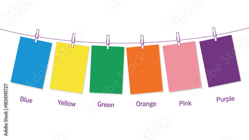 Colorful paper squares hanging on a line showcasing different hues