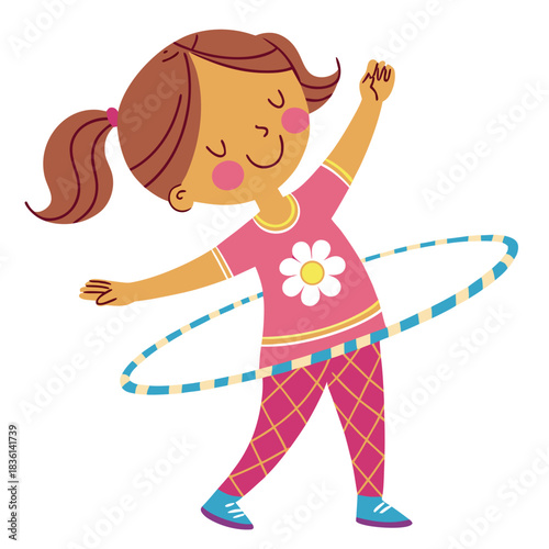Joyful cartoon girl actively playing with a hula hoop outdoors