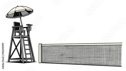 A lifeguard chair with an umbrella beside a long low net on a white background