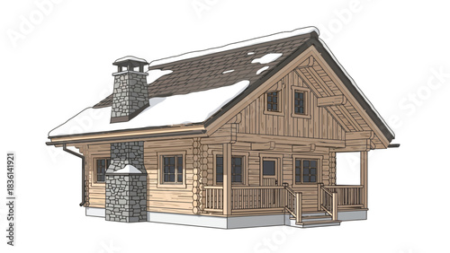 A log cabin with a stone chimney and snow on the roof