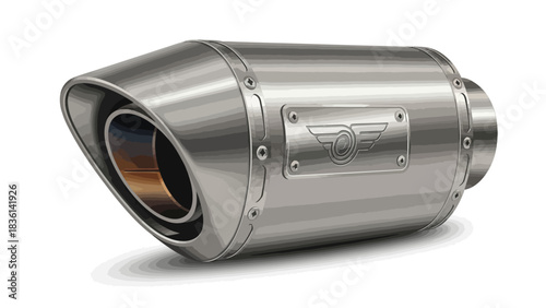A metallic ovalended motorcycle exhaust muffler with a winged emblem
