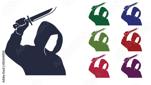 Hooded figure wielding a dagger in multiple colored silhouette variations