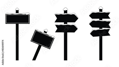 Black and white illustration of various wooden signpost designs on white background