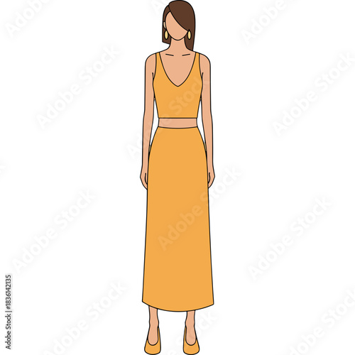Full Body View Of A Tall Woman Wearing A Yellow Sleeveless Crop Top With A Matching High Waisted Maxi Skirt And Yellow High Heels With Large Golden Hoop Earrings Standing On A Black Background