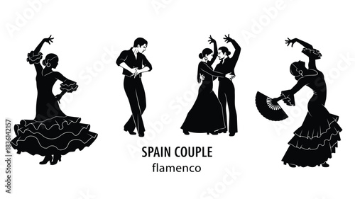 Silhouettes of flamenco dancers performing traditional spanish dance with passion