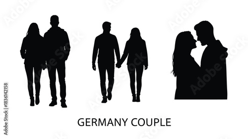 Silhouettes of couples walking and embracing a romantic partnership illustration