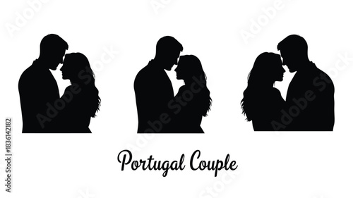 Silhouettes of three couples embracing with portugal couple text below
