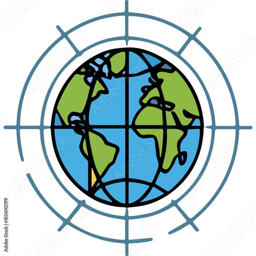 Global Compass Emblem With stylized Planet Earth Showing Continents In Green and Blue Within A Blue Circular Grid And Radial Lines Representing Navigation And Direction