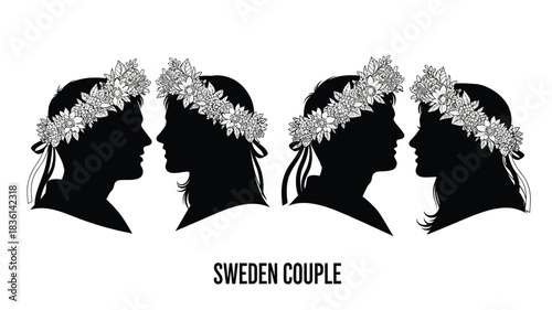 Silhouettes of four people wearing flower crowns with text sweden couple