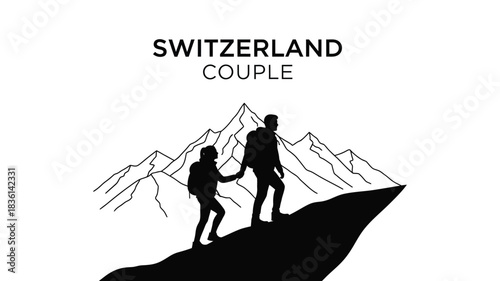 Silhouette of a couple hiking in the swiss alps with mountains