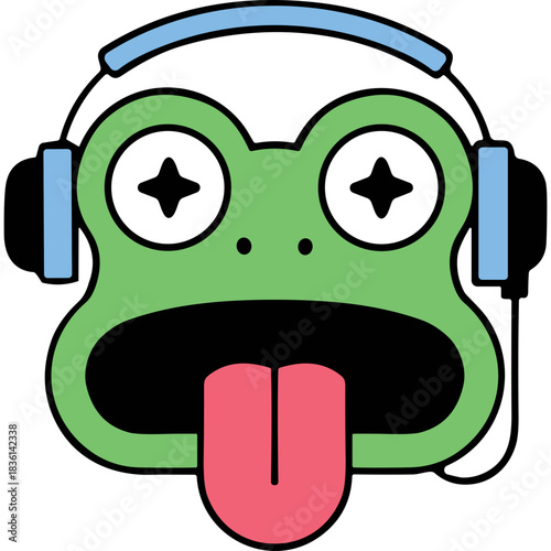 Goofy Green Frog Character Wearing Blue Headphones Open Mouth Tongue Out Wide Eyes Exaggerated Expression Comic Style Black Background