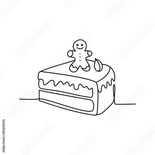 Christmas Cake Slice with Gingerbread Man Topping Minimal Line Art Illustration