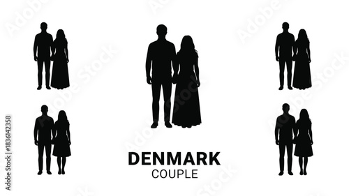 Silhouettes of couples and single figures with the word denmark couple