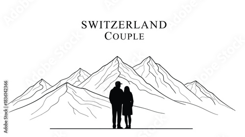 A couple silhouetted against a mountainous switzerland landscape in black and white