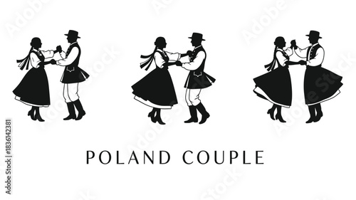 Silhouette illustrations of polish couples dancing traditional folk dances in black