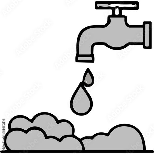 Gray Faucet Dripping Water Forming Bubbles in a Minimalist Abstract Design on a Black Background Representing Water Conservation and Hygiene