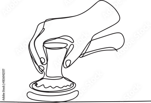 Continuous Line Art Illustration of a Hand Pressing Coffee Grounds with a Tamper in Soft Sketch Contour