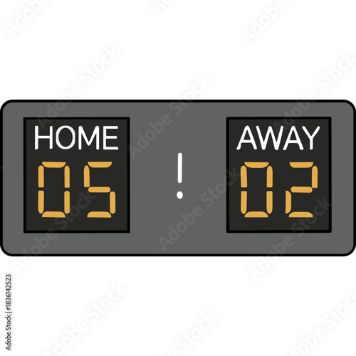 Gray Digital Scoreboard Displaying Home Team Score of 05 and Away Team Score of 02 With a White Exclamation Mark In Between On a Black Background