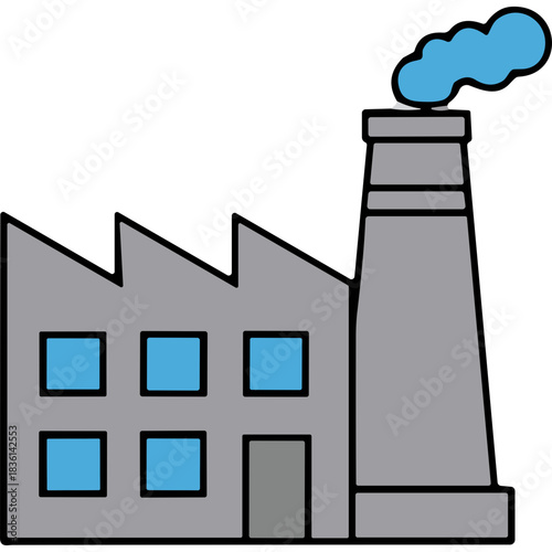Gray Industrial Factory Building With Blue Square Windows and Blue Smoke Emitting From Tall Chimney on Black Background Simple Illustration