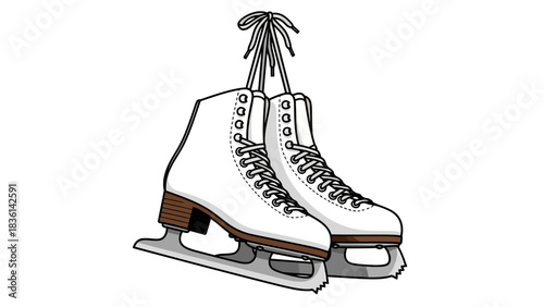 A pair of white figure skates hanging by their gray laces