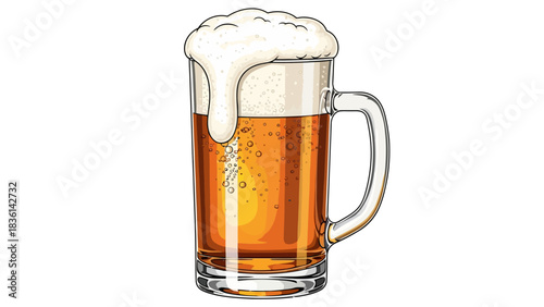 An illustration of a glass beer mug overflowing with amber liquid and thick white foam