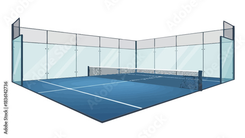 An isometric illustration of a blue padel tennis court enclosed by glass walls and a net