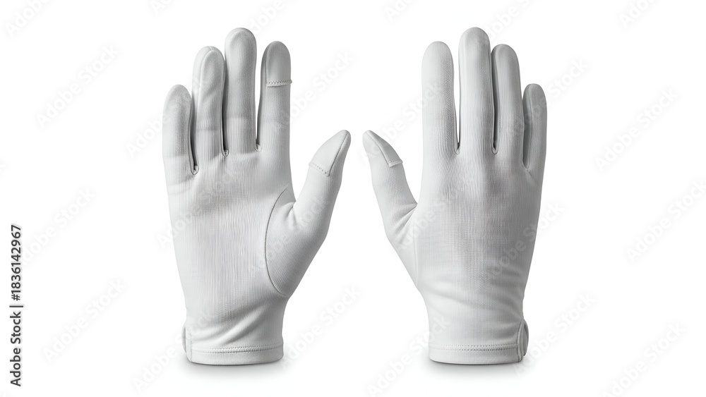 Obraz premium Two identical, pristine white gloves displayed open, palms forward, against a white background
