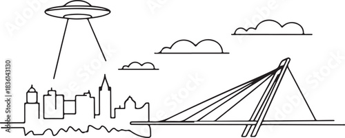 Continuous line illustration of the Bratislava skyline with the UFO Bridge arc in a minimal elegant outline drawing