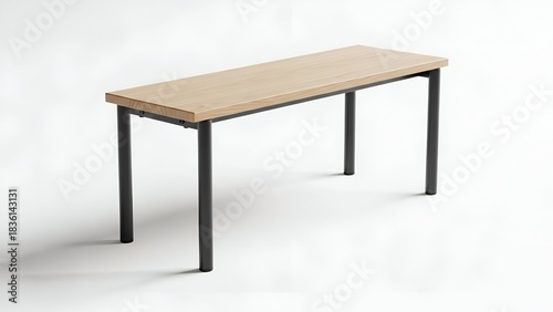 Long, rectangular table with light wood top and black metal legs, against a white backdrop
