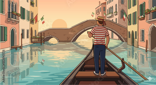 Gondolier Paddling Through Venetian Canal at Sunset Romantic Travel Illustration
