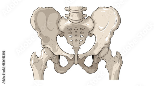 Anterior view illustration of the human pelvis sacrum and proximal femurs