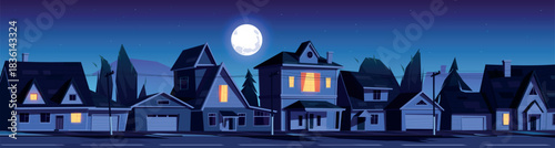 Street in suburb district with houses at night