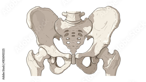 Anterior view illustration of the human pelvis sacrum and proximal femurs