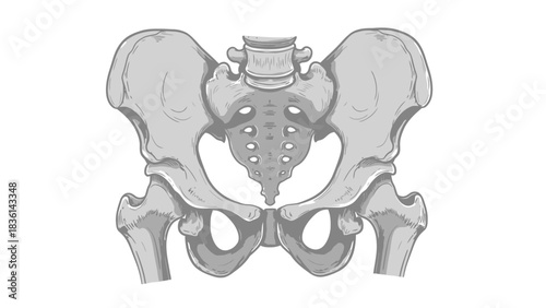 Anterior view illustration of the human pelvis showing hip bones and sacrum