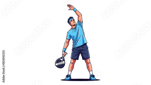 Athlete in blue gear stretching one arm overhead holding a padel racket