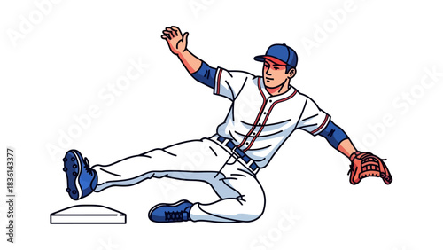 Baseball player sliding feetfirst toward a base in uniform