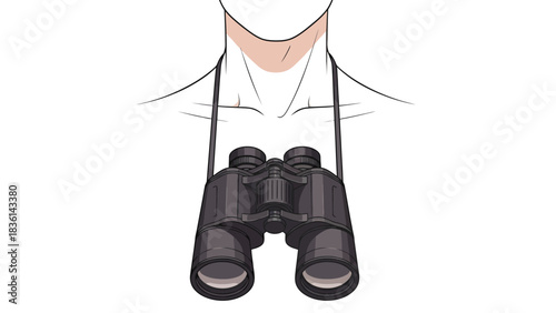 Binoculars hanging from a neck strap against a white background