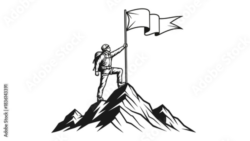 Black and white illustration of a climber planting a flag on a mountain peak