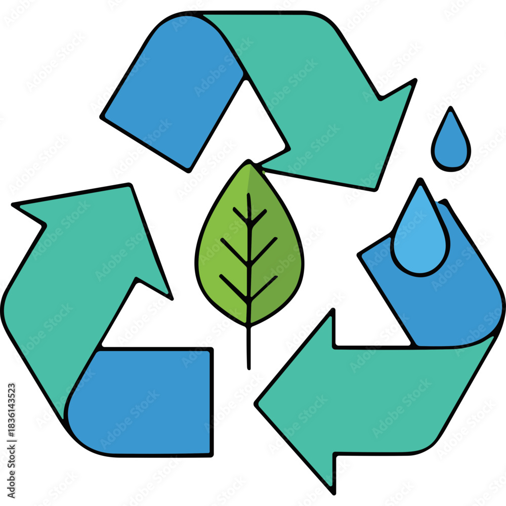 Obraz premium Green Leaf Water Drop and Recycling Symbol With Blue Arrows On Black Background Representing Environmental Conservation And Sustainability