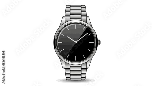 Black dial analog wristwatch with silver metal band on white background