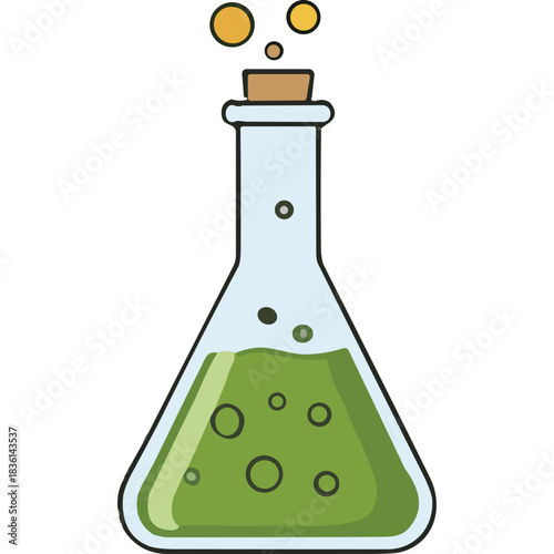 Green Liquid In A Conical Flask With Bubbles And Orange Particles Floating Above The Cork Stopper In A Laboratory Setting