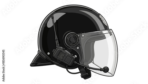 Black motorcycle police helmet with external radio and clear visor