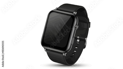 Black rectangular smartwatch with a dark screen and black strap on white