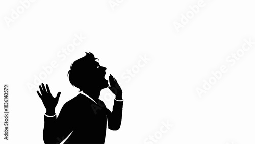 Black silhouette of a person shouting upwards with hands raised against white