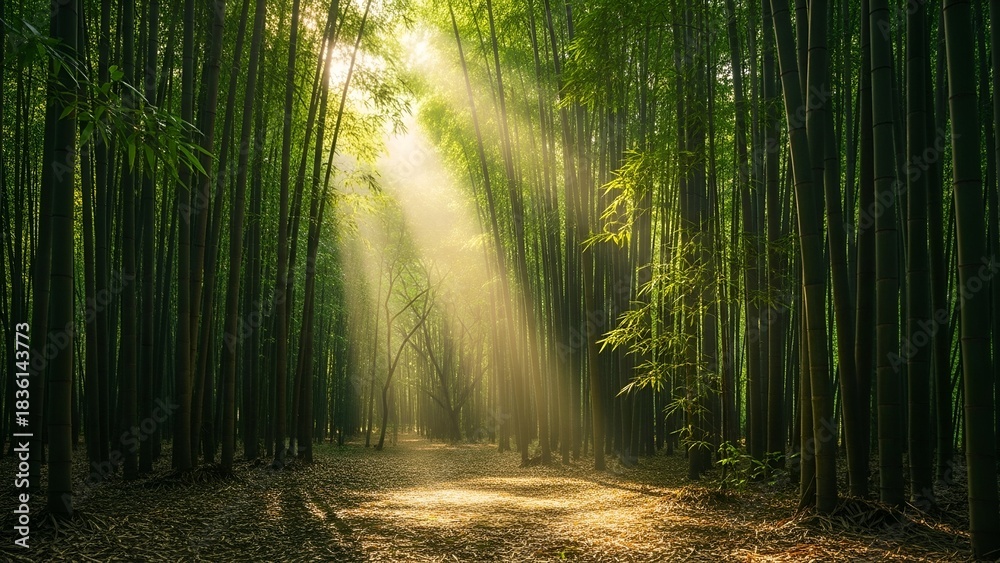 Fototapeta premium Dense bamboo forest bathed in ethereal sunlight, creating a mystical, radiant path