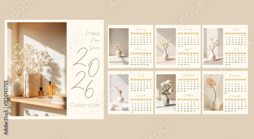 Minimalist 2026 calendar template with aesthetic home decor and dried flowers