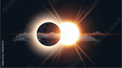 Captivating illustration of a partial solar eclipse, with the moon obscuring the brilliant sun and radiating light rays